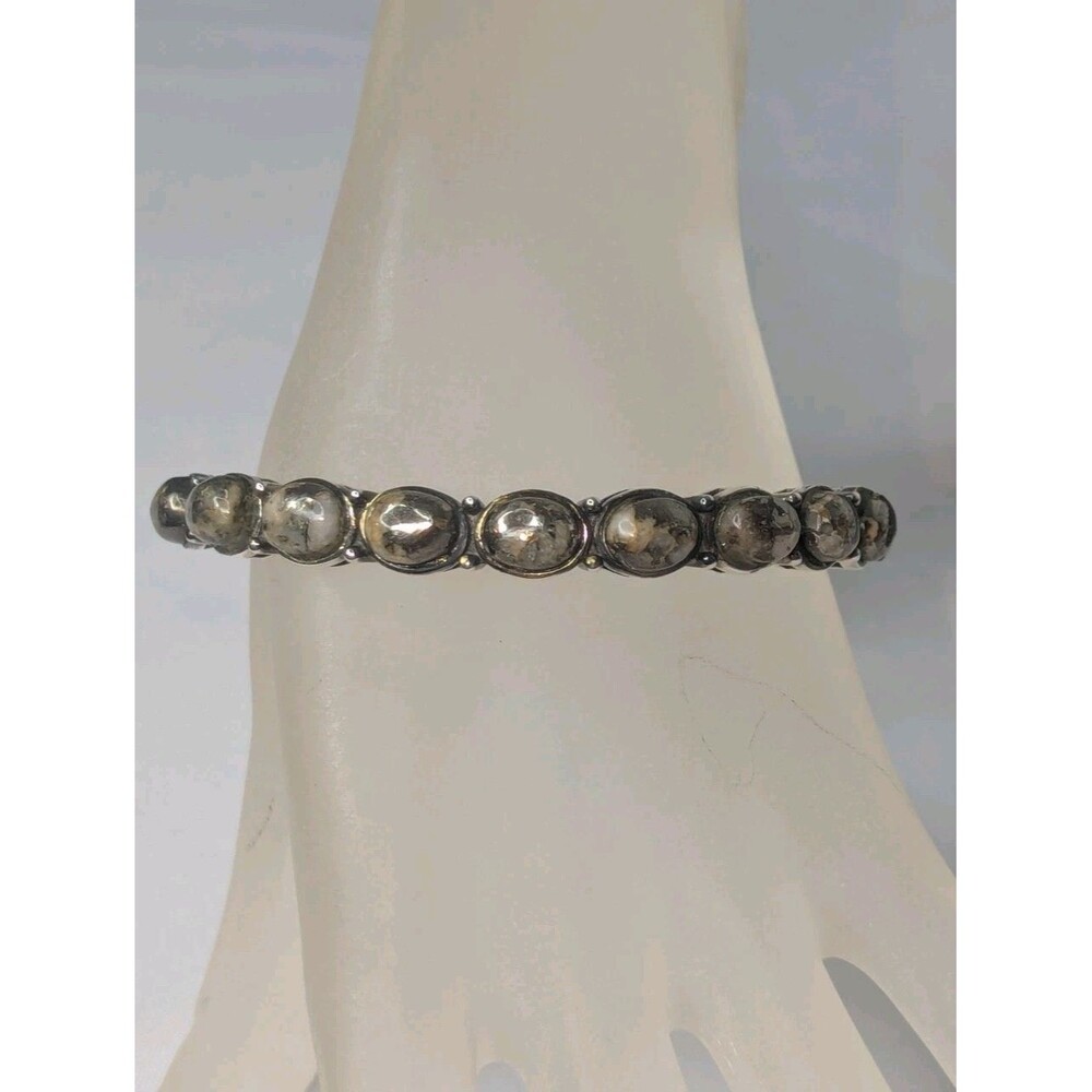 JTV 9x7mm Oval Cabochon Pyrite Cuff Bracelet In Sterling Silver